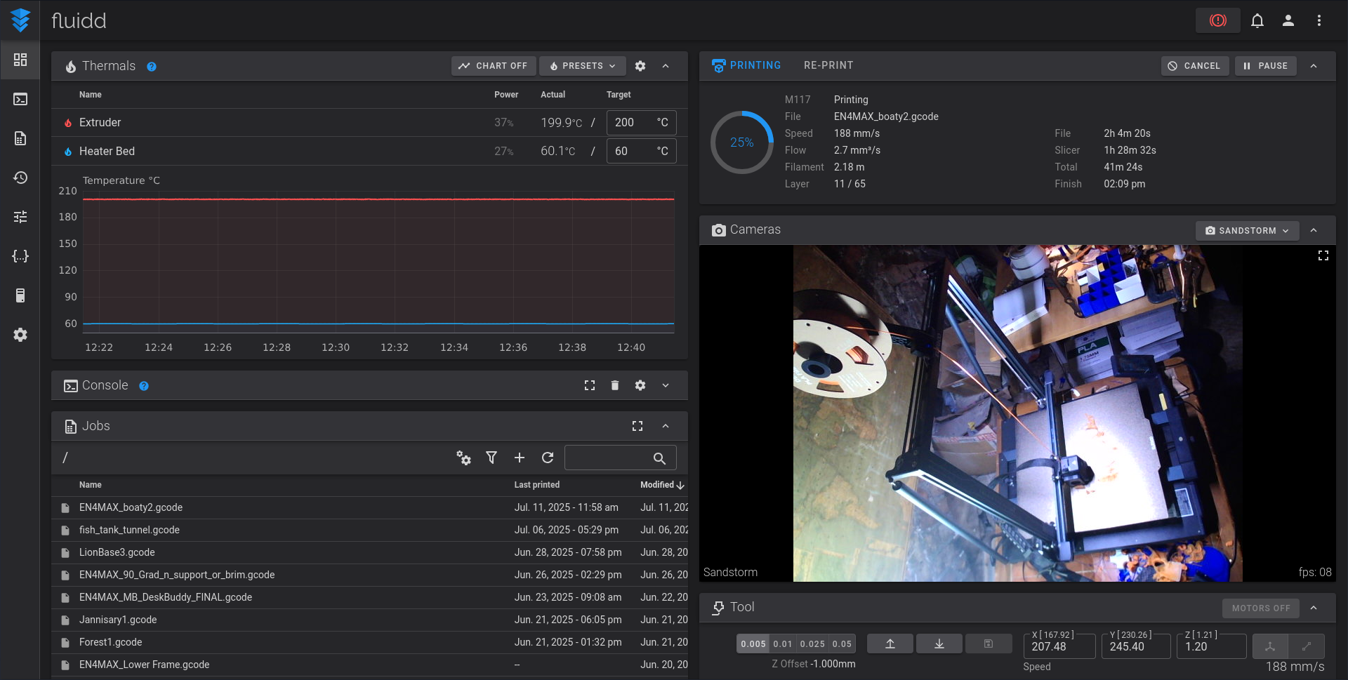 Fluidd web interface showing a print in progress