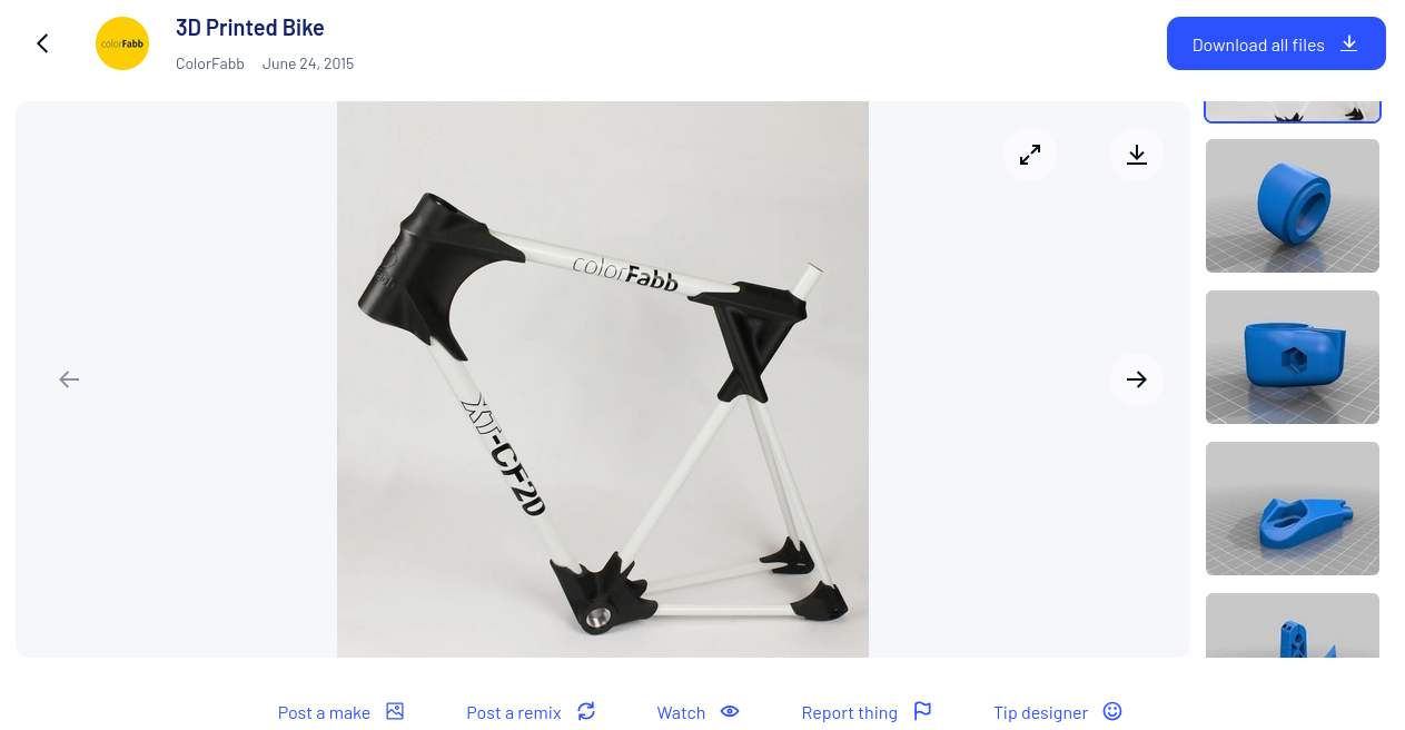 Screenshot of a thingiverse page showing a printed bike frame