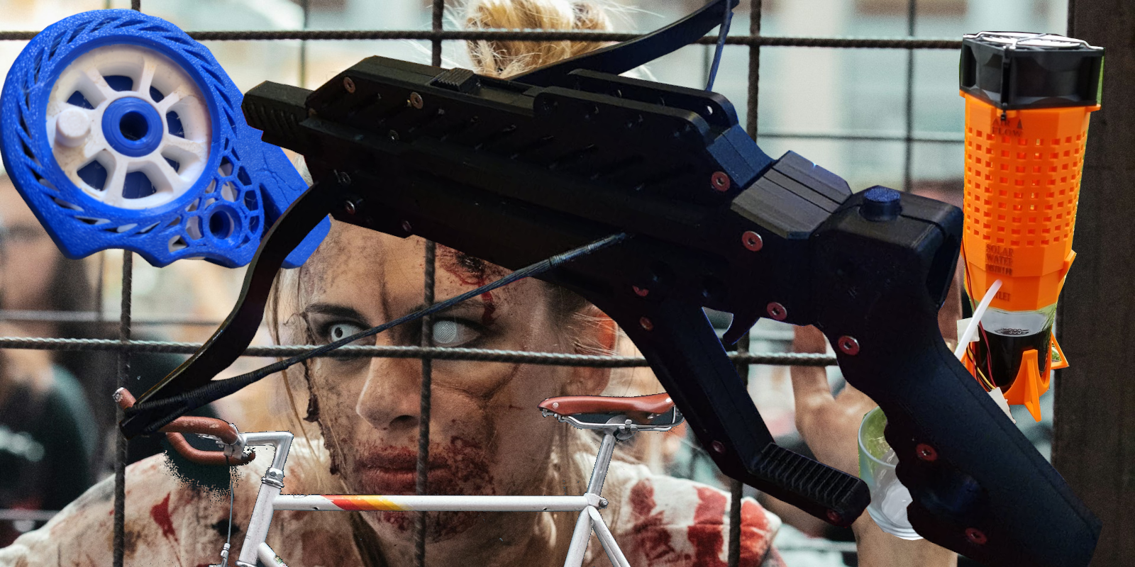 A zombie woman through bars overlaid with a crossbow, water still, fishing reel, and bicycle