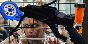 A zombie woman through bars overlaid with a crossbow, water still, fishing reel, and bicycle