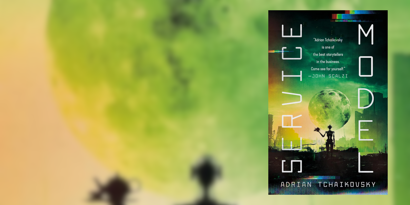 Cover of service model showing a robot in a derelic landscape carrying teapot